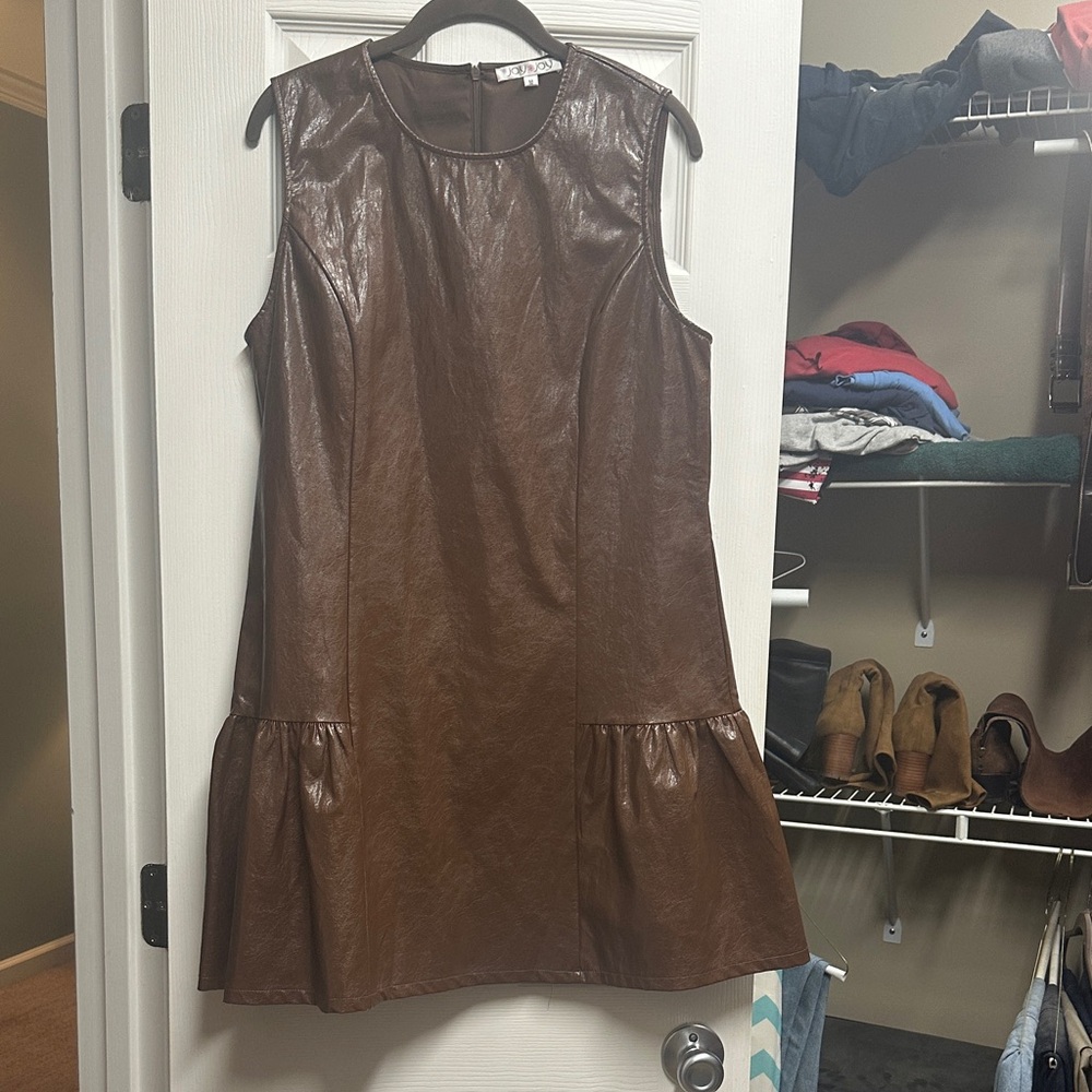 Joy Joy Brown Faux Leather Sleeveless Ruffle-Hem Mini Dress